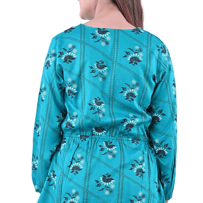 Women's Cotton Rayon Fabric Sangneri Block Printed Causal Frill A- Line Top view 6