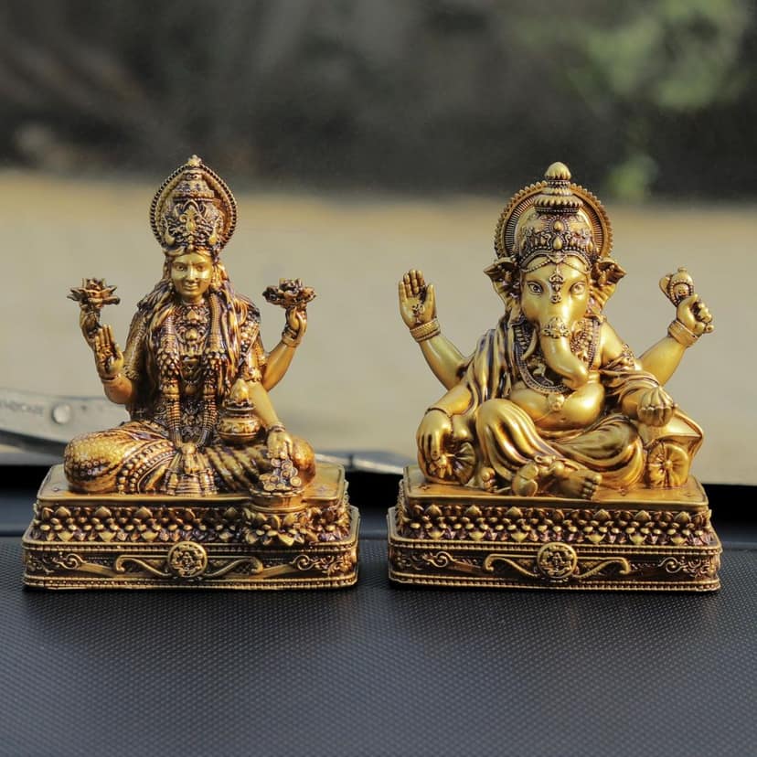 Artarium Maa Laxmi Ganesha Pair Idol Goddess Lakshmi Devi Ganpati Ji Murti for Car Dashboard Home Decor Diwali Pooja Statue Home Gifting Showpiece (Chowki Laxmi Ganesha 4 Inch) view 2