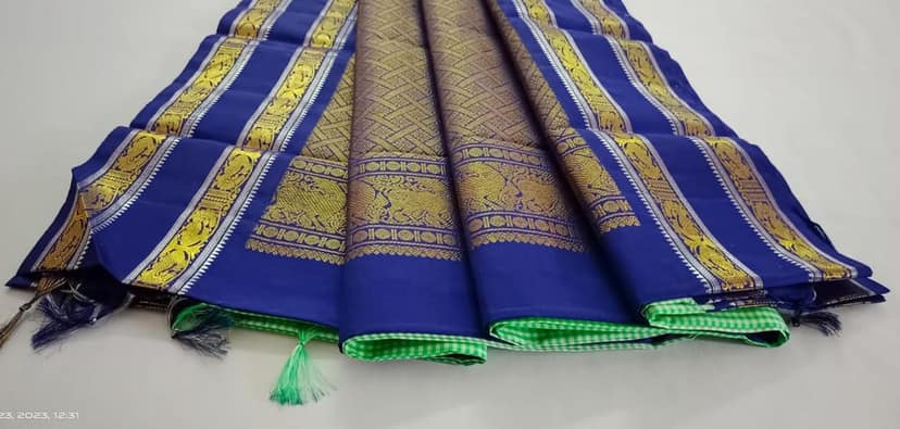 NVBS009-Checked light green and dark blue color saree view 4