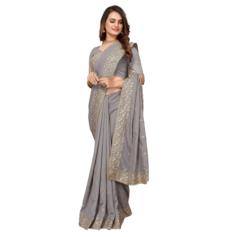 TheHangr Women's Heavy Vichitra Zari Silk Saree With Blouse Piece - Grey