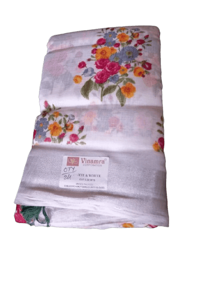 White Floral Printed Cotton Saree With Blouse