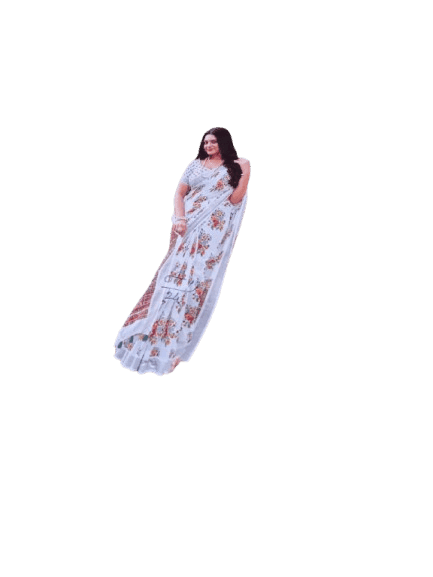 White Floral Printed Cotton Saree With Blouse view 3