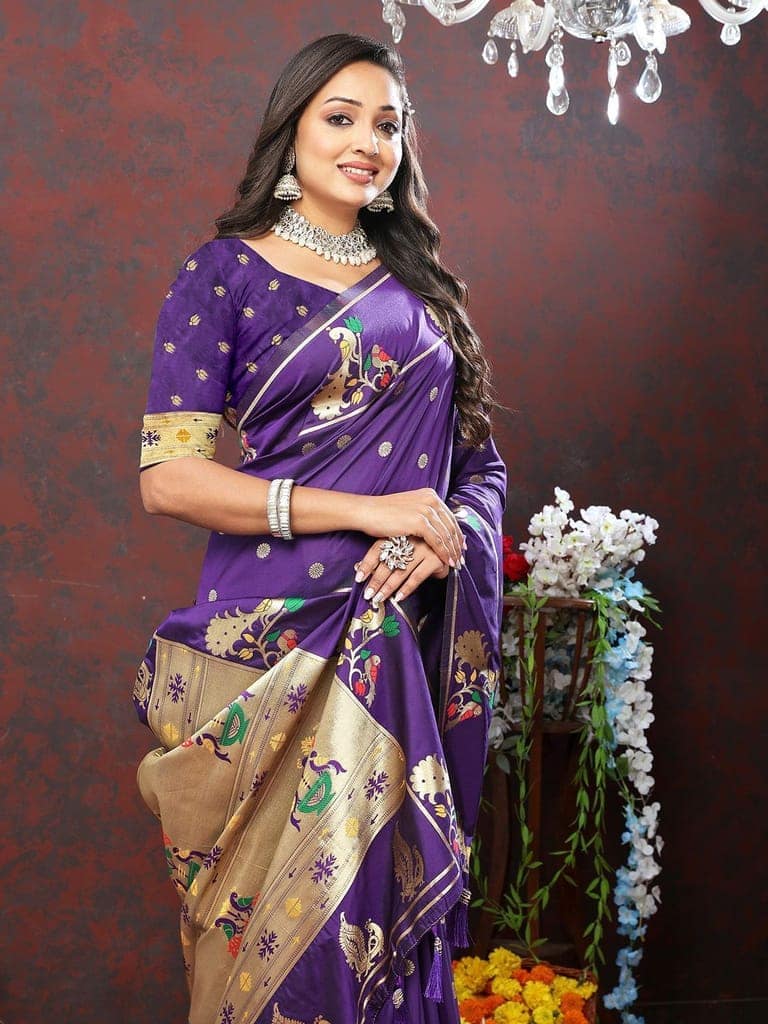Purple Soft Paithani Silk Woven Design Gold Zari Meenakari Weaving Saree view 2
