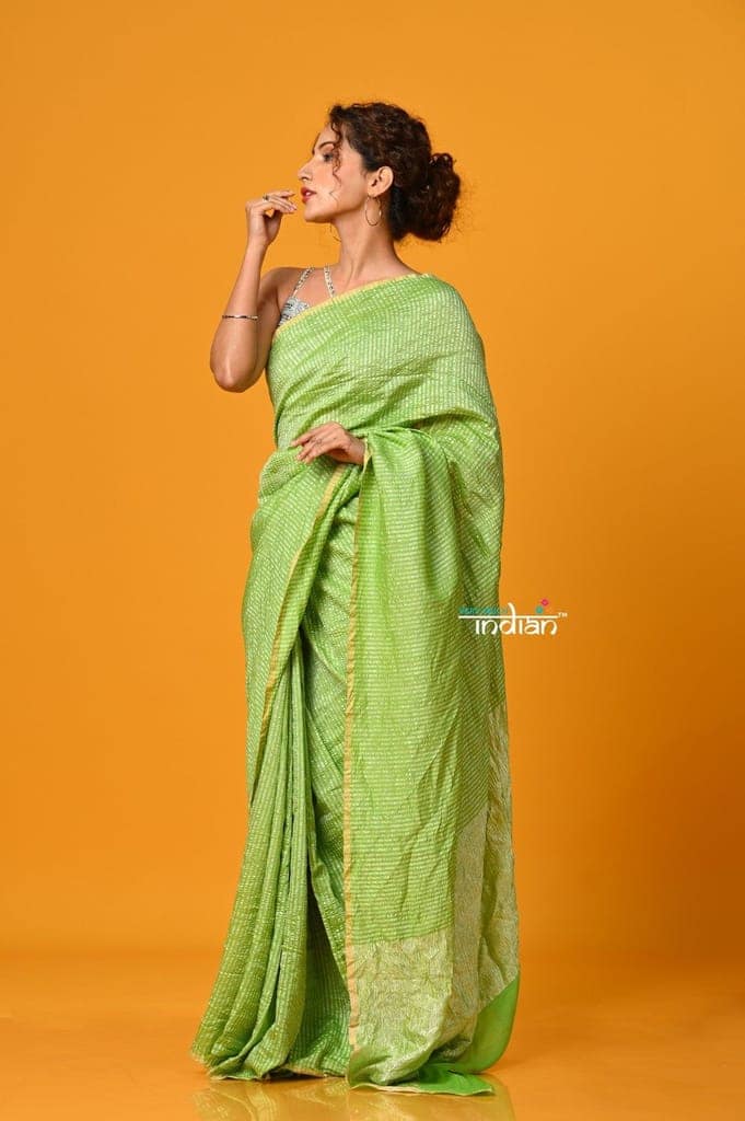 Param Sundari ~ Golden Earth ~ Munga Silk Saree in Fern Green with Subtle Stripes view 2