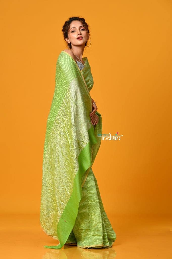 Param Sundari ~ Golden Earth ~ Munga Silk Saree in Fern Green with Subtle Stripes view 3
