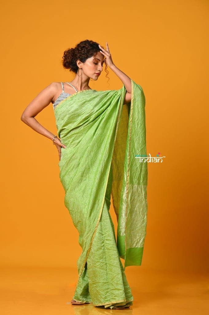 Param Sundari ~ Golden Earth ~ Munga Silk Saree in Fern Green with Subtle Stripes view 4