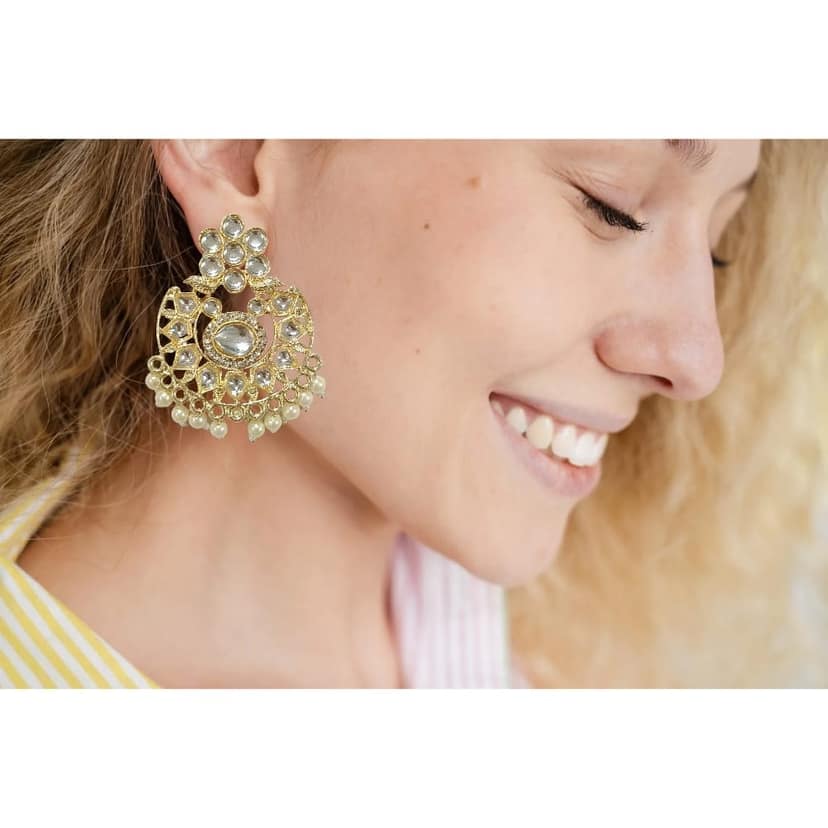 Jewelryklub Gold Plated Kundan Chandbali Earrings With Pearls - White view 4