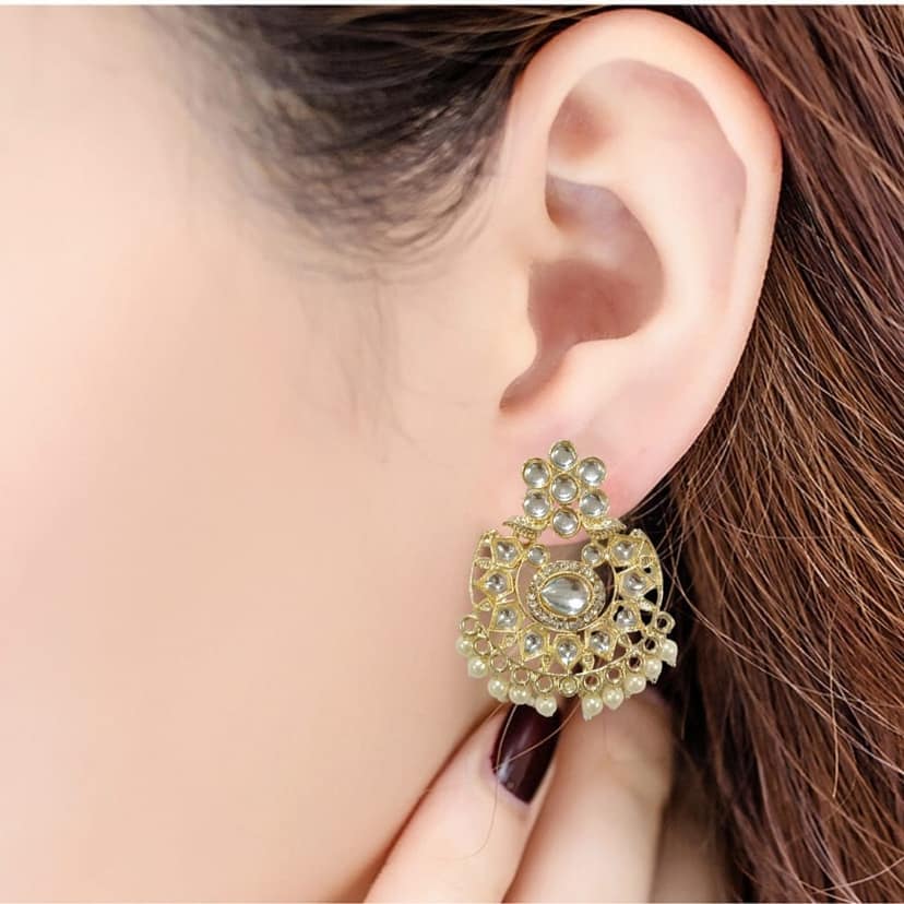 Jewelryklub Gold Plated Kundan Chandbali Earrings With Pearls - White view 6