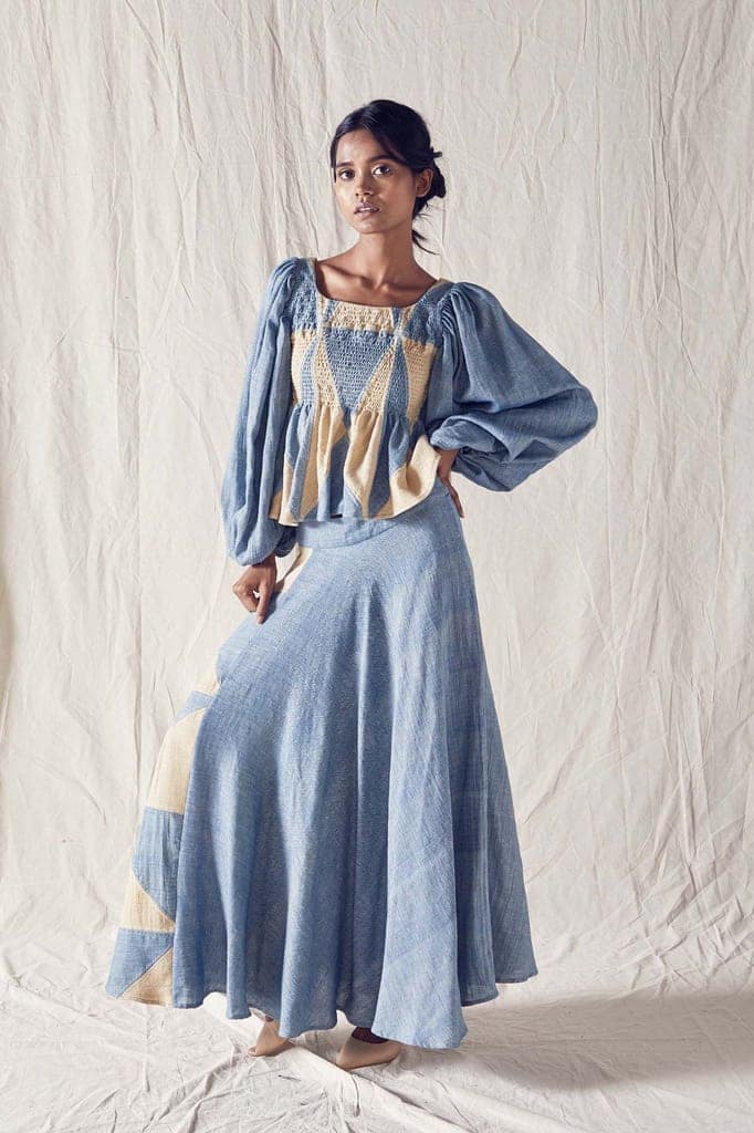 Indigo And Beige Pieced Smocked Cord Set In Organic Cotton view 2