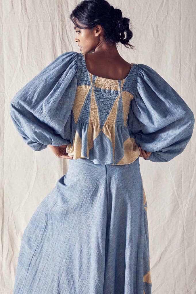 Indigo And Beige Pieced Smocked Cord Set In Organic Cotton view 4