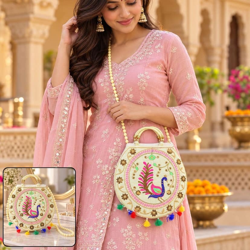 Traditional Peacock Embroidered Jute Purse with Sling Strap (1 Pc, 23x29 Cm)
