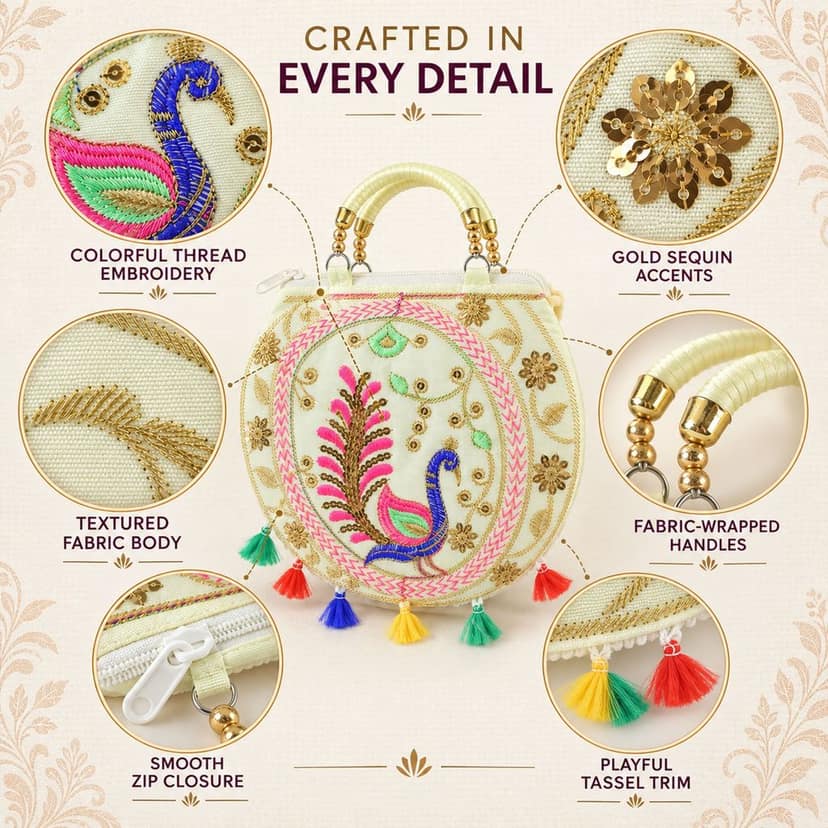Traditional Peacock Embroidered Jute Purse with Sling Strap (1 Pc, 23x29 Cm) view 2