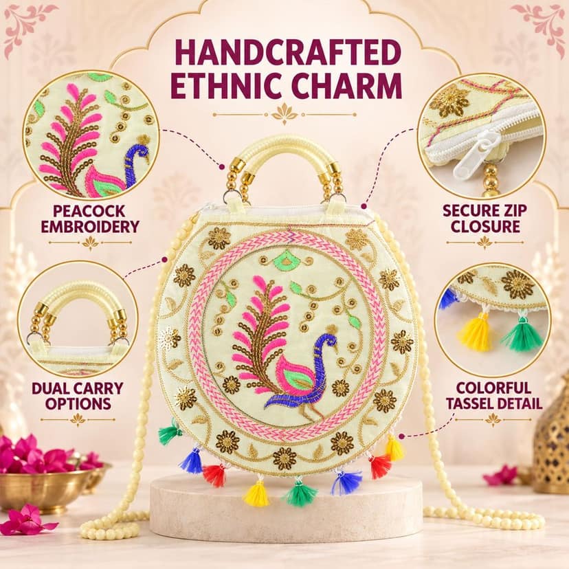 Traditional Peacock Embroidered Jute Purse with Sling Strap (1 Pc, 23x29 Cm) view 3