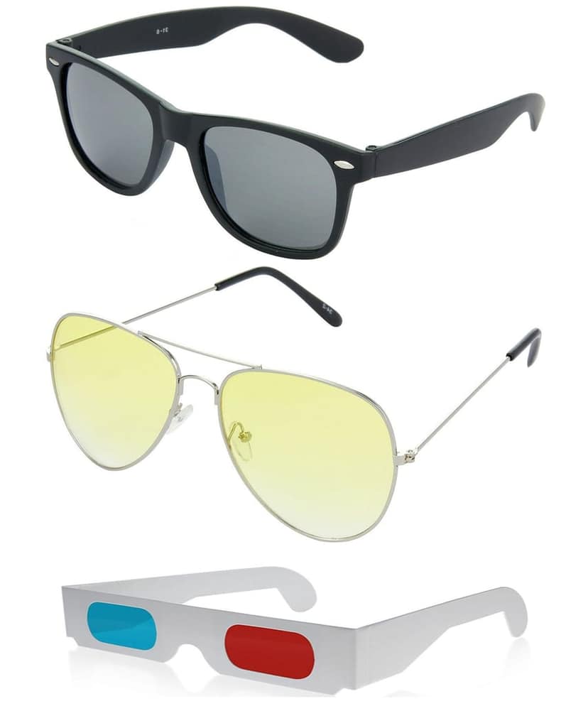 HRINKAR Rectangular And Pilot Stylish Sunglasses For Men And Women (Grey And Yellow Lens | Black And Silver Frame - HCMB483) With Free Paper 3D Glass