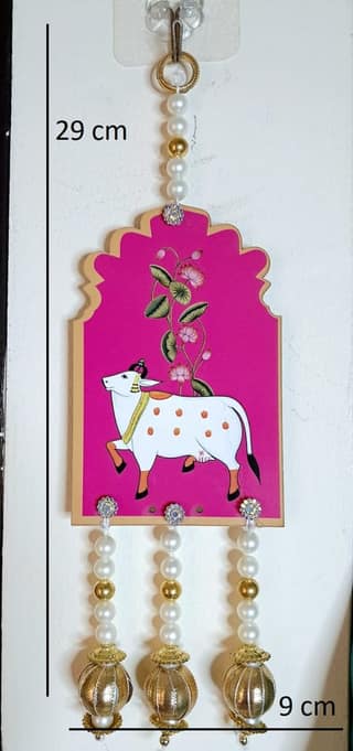 Pink MDF Cow Shaped Wall Hanging With Pearl Beads