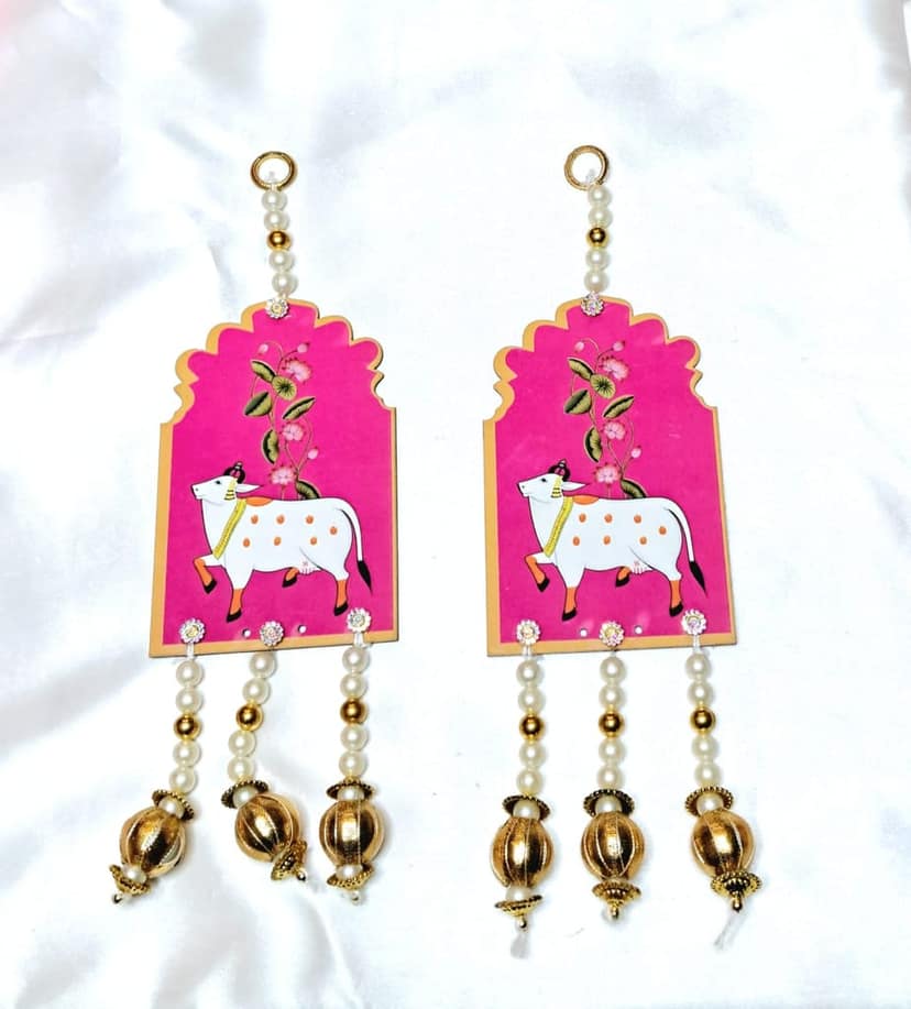 Pink MDF Cow Shaped Wall Hanging With Pearl Beads view 2