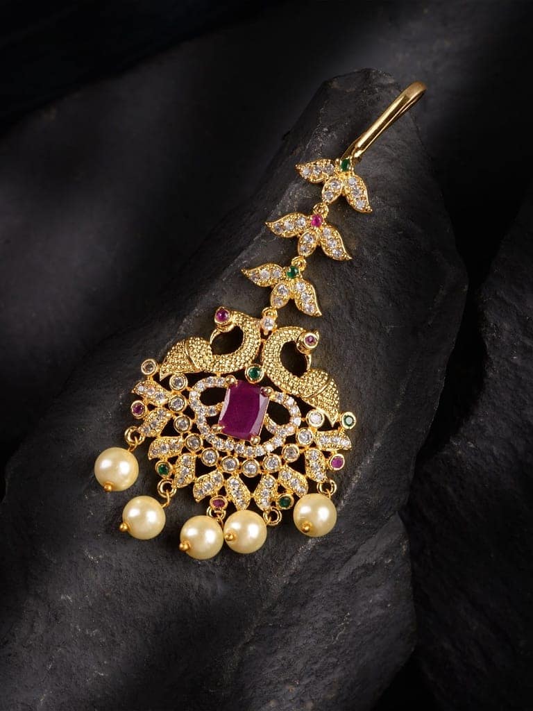 Gold Plated Red AD Studded Pearl Beaded Peacock Mangtikka view 2