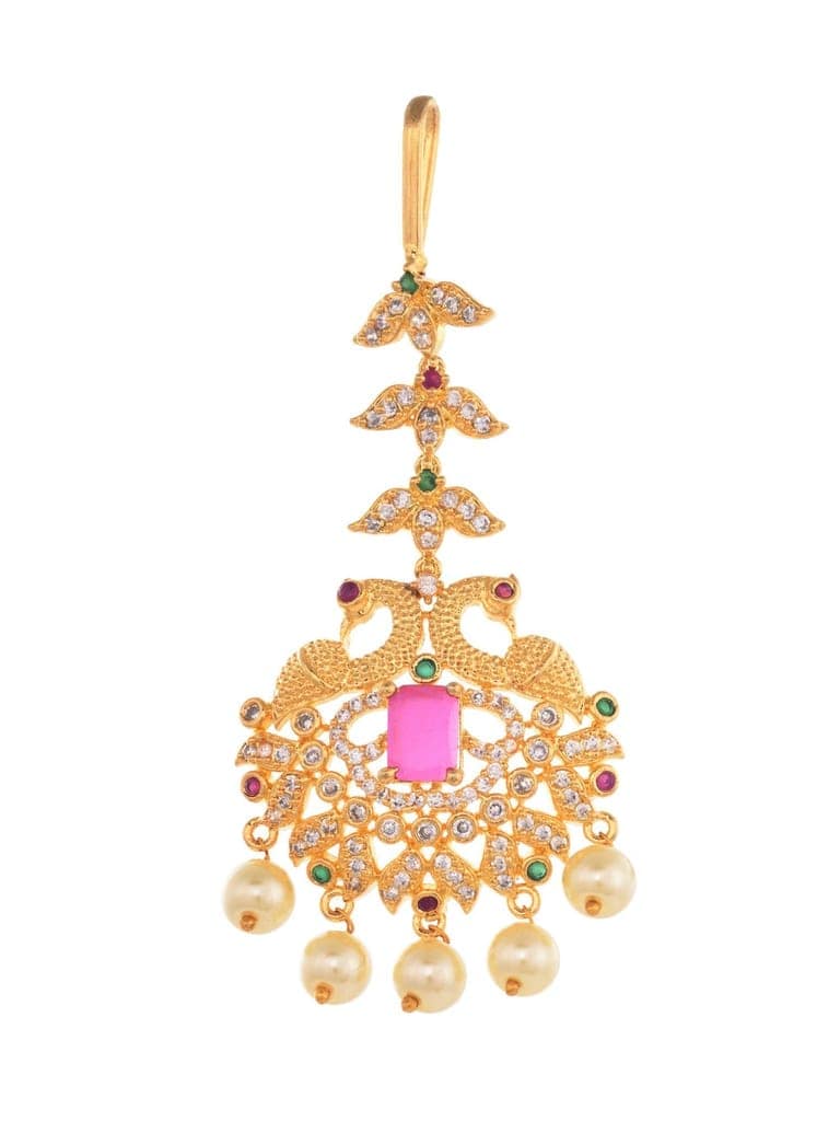 Gold Plated Red AD Studded Pearl Beaded Peacock Mangtikka view 4