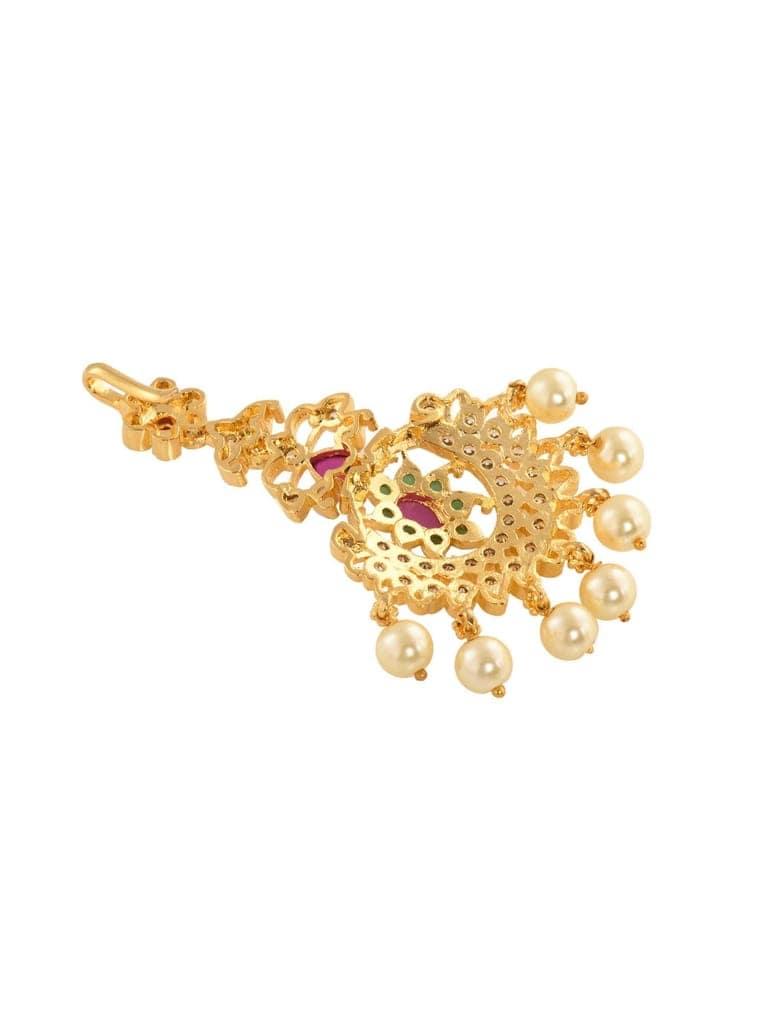 Gold Plated Red AD Studded Pearl Beaded Peacock Mangtikka view 5