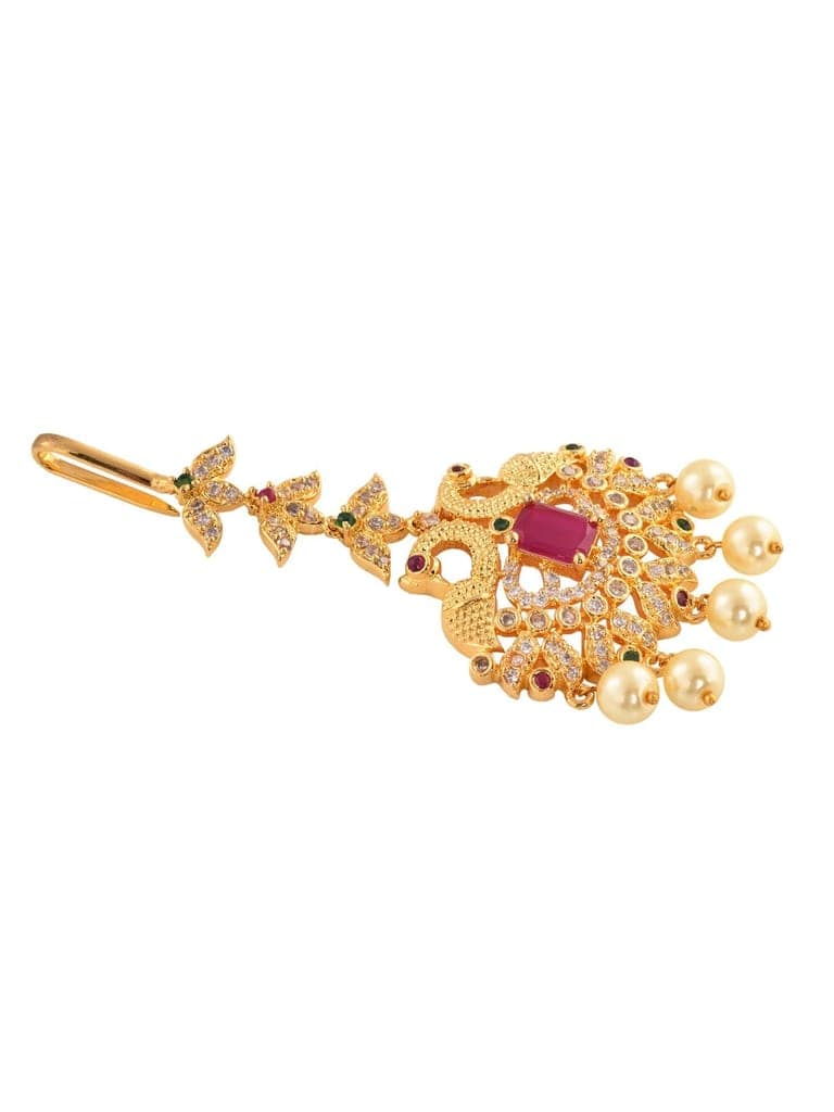 Gold Plated Red AD Studded Pearl Beaded Peacock Mangtikka view 6