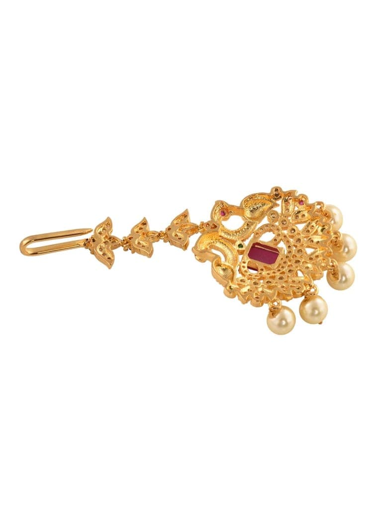 Gold Plated Red AD Studded Pearl Beaded Peacock Mangtikka view 7