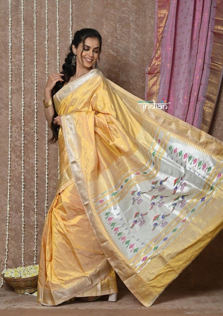 Tyohaar ~ Handloom Pure Silk Paithani Saree with Handcrafted Traditional Double Pallu ~ Amber Yellow (By Government Certified Weavers) view 2