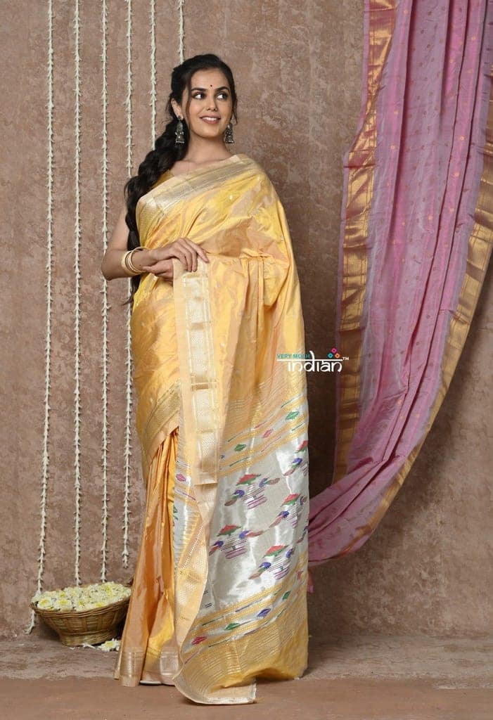 Tyohaar ~ Handloom Pure Silk Paithani Saree with Handcrafted Traditional Double Pallu ~ Amber Yellow (By Government Certified Weavers) view 3