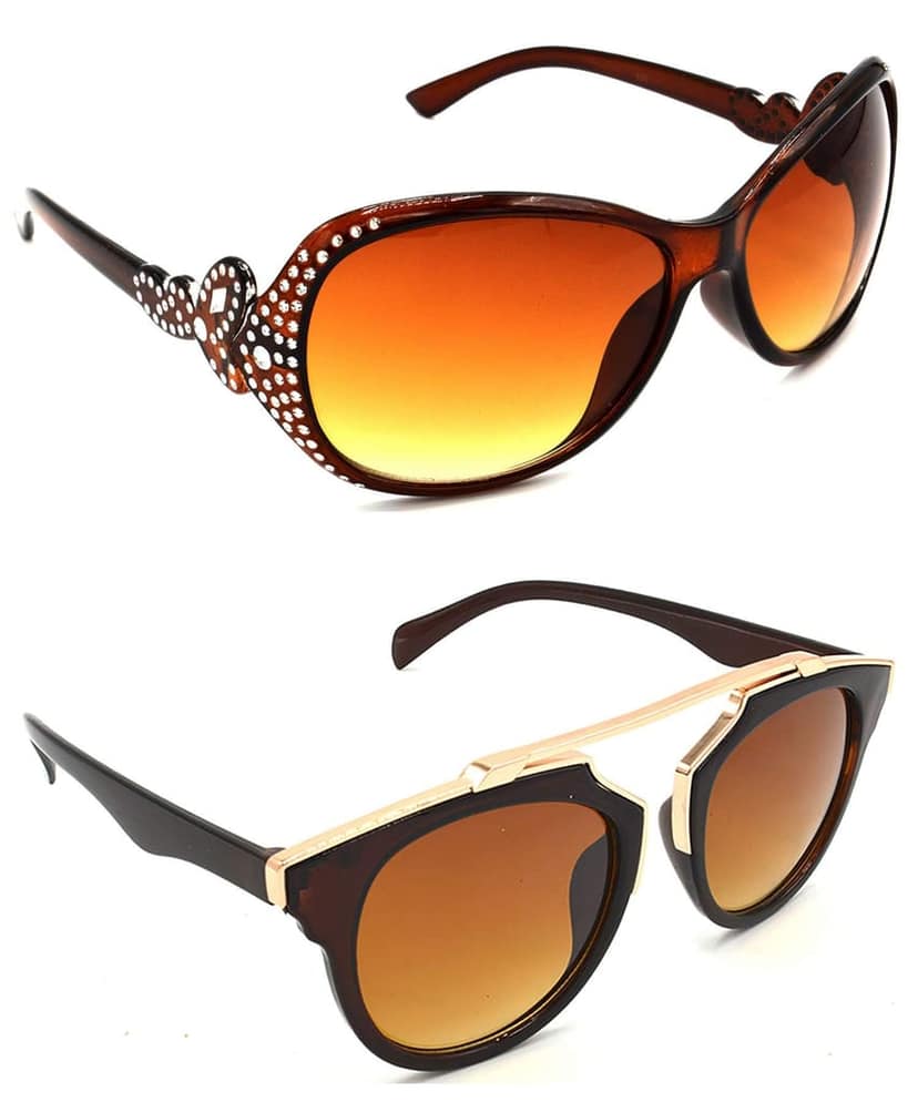 Hrinkar Unisex Round Sunglasses Silver & Golden Frame, Brown Lens (Medium) - Pack of 2
