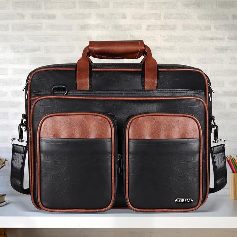 LOREM Tan & Black Color Faux Leather 28L Laptop Messenger Bag For Men BG96 view 2