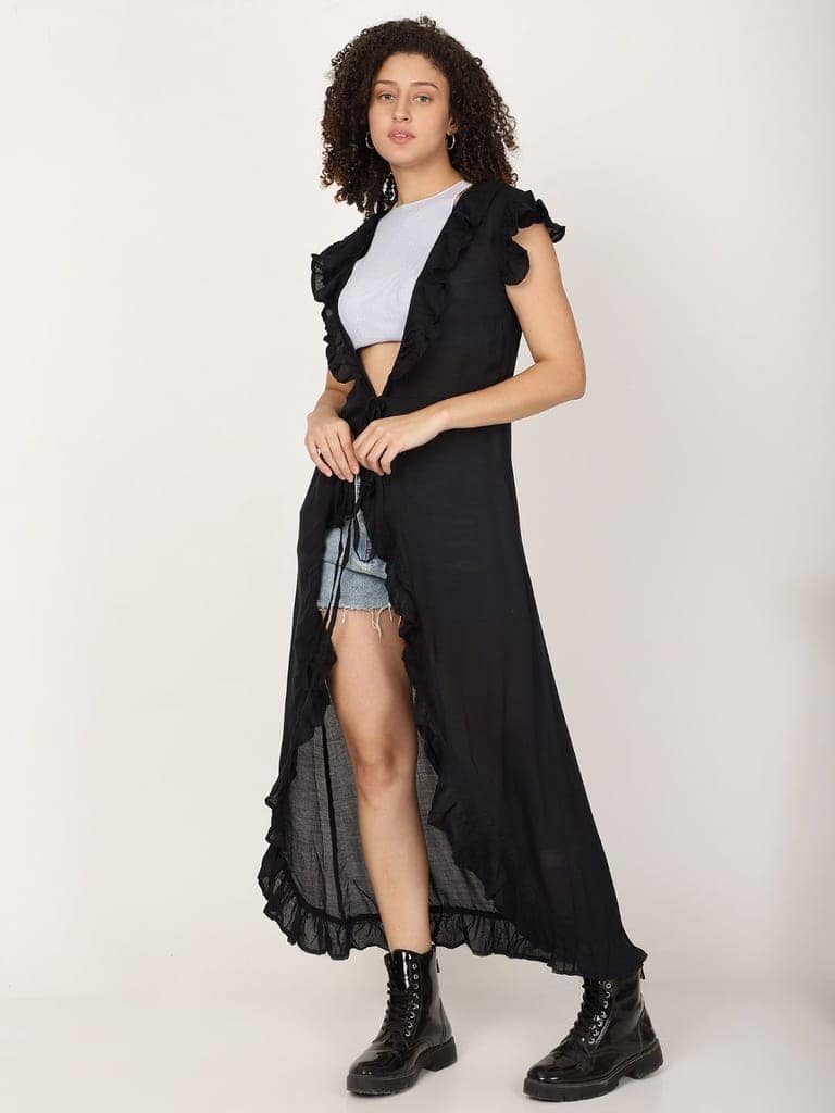 Long Ruffled Kimono shrug With Waist Tie Belt view 2