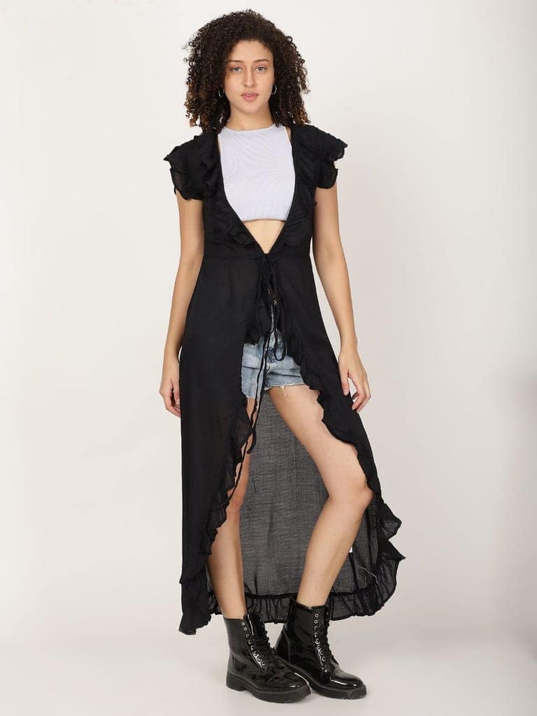 Long Ruffled Kimono shrug With Waist Tie Belt view 3