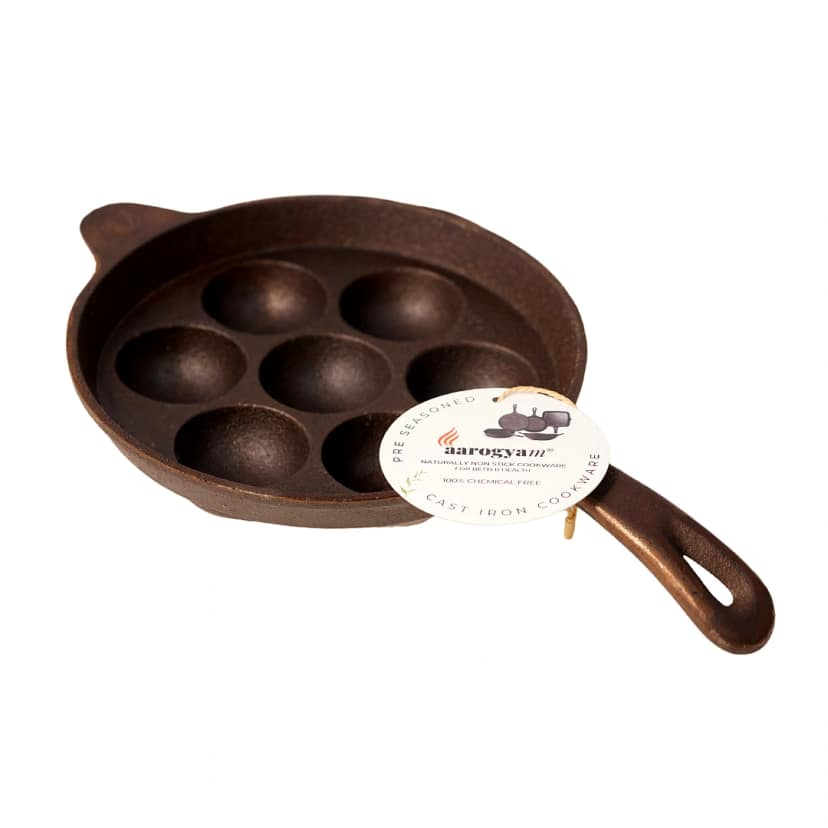Aarogyam Cast Iron Paniyaram Pan 7 Cavity , Handle with Ring at Bottom for support, Pre-Seasoned 7.5 inch Diameter (19 cm), Naturally Non-stick, Toxin-Free, Gas & Induction Compatible, Weight- 1.9 kg (Colour - Black) by Aarogyam - The Cast Iron Shop