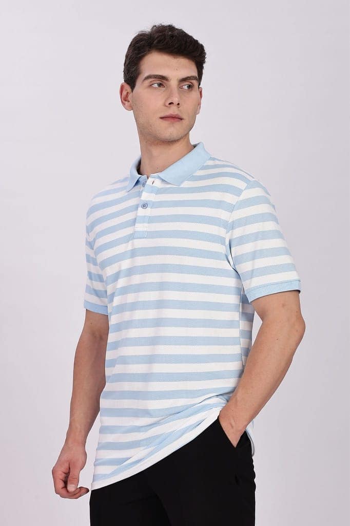 Puff Cotton Sky Blue & White Striped Polo view 4