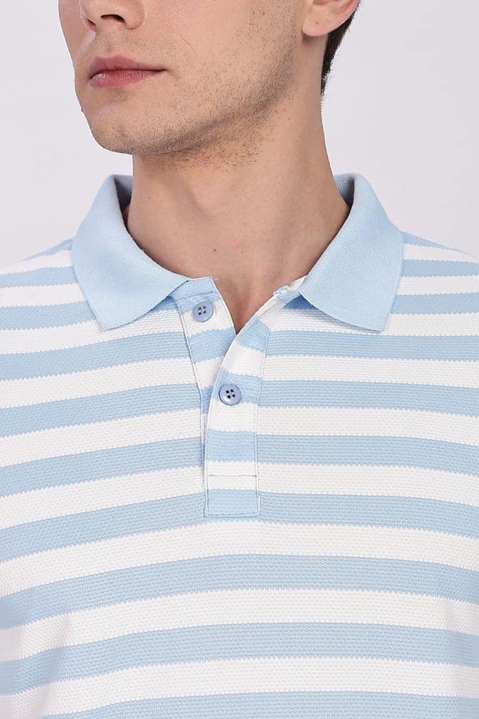 Puff Cotton Sky Blue & White Striped Polo view 5