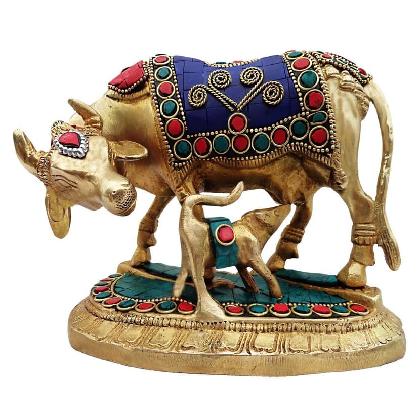 Brass Cow and Calf Showpiece Statue - Auspicious Gaye Bachada Murti for Home & Office, Height : 5 Inch (BSMAS382) view 2