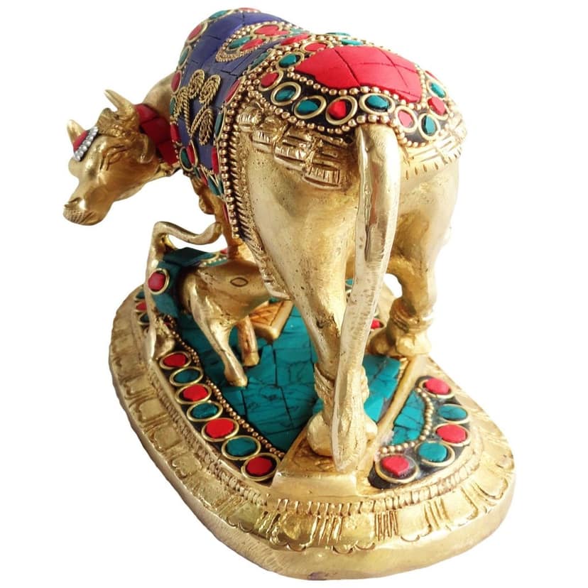 Brass Cow and Calf Showpiece Statue - Auspicious Gaye Bachada Murti for Home & Office, Height : 5 Inch (BSMAS382) view 4