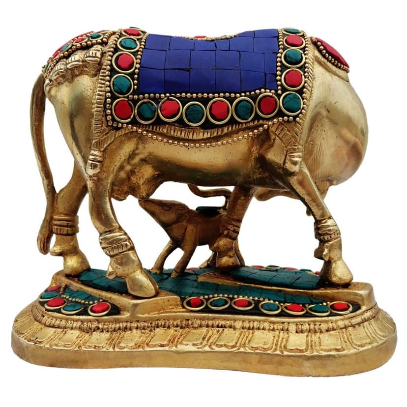 Brass Cow and Calf Showpiece Statue - Auspicious Gaye Bachada Murti for Home & Office, Height : 5 Inch (BSMAS382) view 5