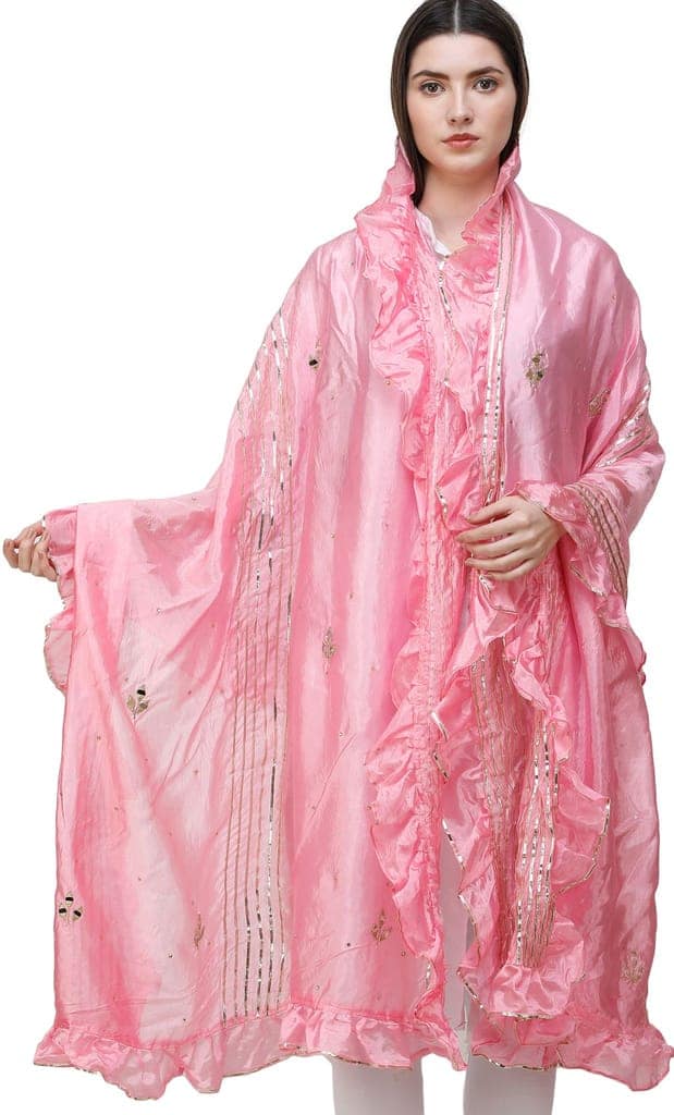 Candy-Pink Dupatta from Amritsar with Gota Patches and Frill Border view 2