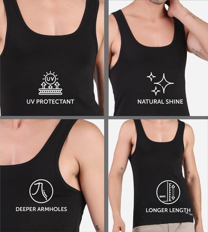 Freecultr Cotton Vest for Men Sleeveless Lightweight Solid Round Neck Comfort Vests Breathable & Comfortable Innerwear Sando for Man Regular Fit Pack of 1-Black view 6