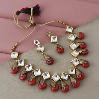 LUCKY JEWELLERY Back Meenakari 18k Gold Plated Red Color Earring Combo Uncut Big Faux Kundan Choker Necklace set