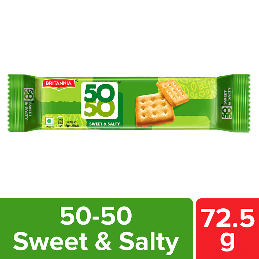 Britannia 50-50 Sweet & Salty Biscuit - Light, Crispy, Ready To Eat, 72.5 G