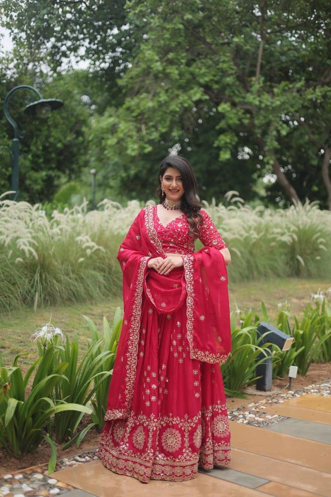 Reddish Pink Lehenga Choli Readymade Stitched For Wedding Women Party Skirt Ready To Wear view 5