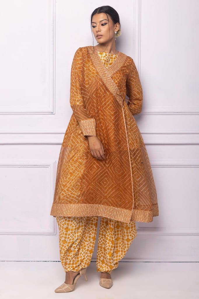 Muddy Yellow Organza Printed Angrakha