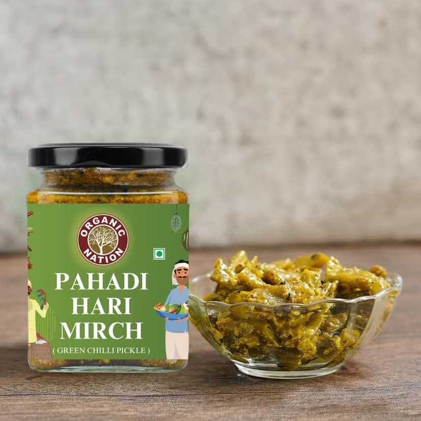 Organic Nation Green Chilli Pickle � Pahadi Hari Mirch |Homestyle Indian Pickle | Authentic Traditional Taste | No Preservatives | 250g view 3