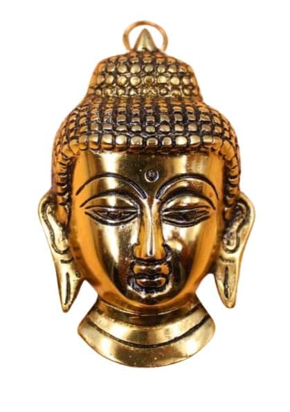 Golden Antique Finish Buddha Face Wall Hanging for Serene Home Decor and Buddhist Gifts.