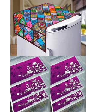 Crosmo PVC Floral Printed Fridge Mat & Cover ( 99 53 ) Pack of 7 - Multicolor