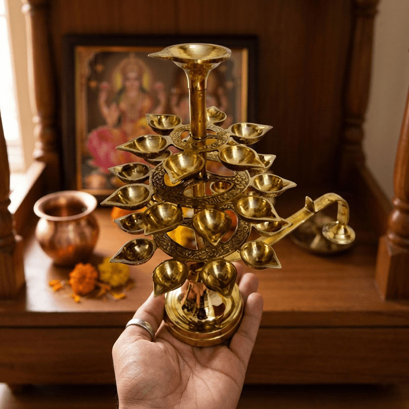 Golden Multi-Tier Metal Diya Stand with Intricate Design view 3