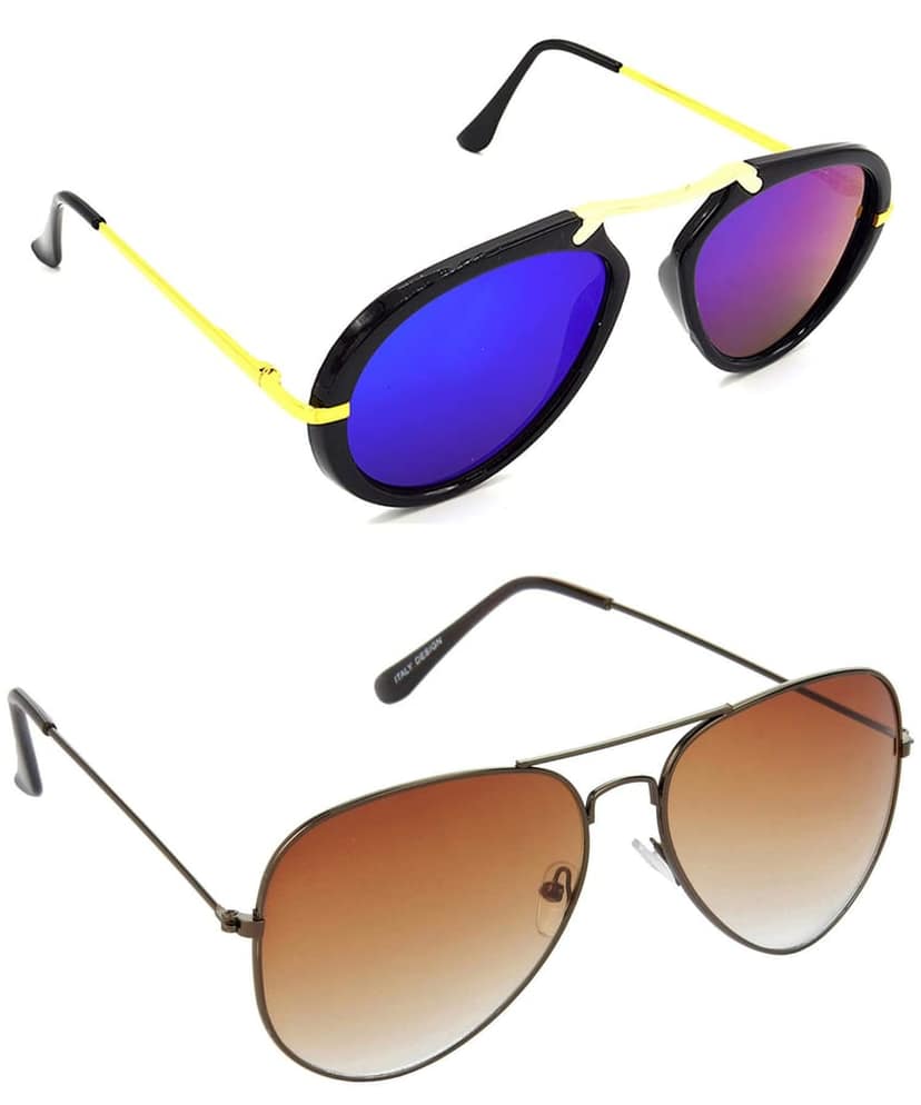 HRINKAR Unisex Wrap-around Sunglasses Golden & Brown Frame, Pink & Brown Lens (Medium) - Pack of 2