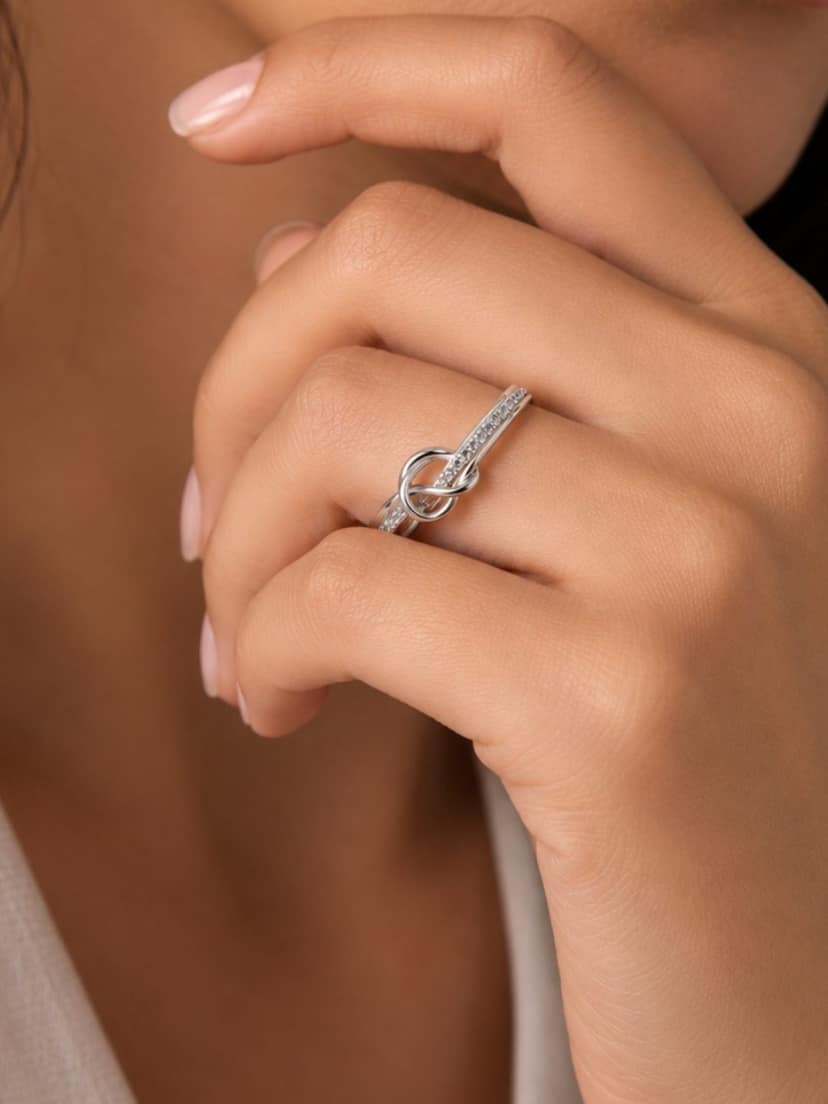AXORA LIFE 925 Sterling Silver Adjustable Knot Ring with CZ Stones view 2