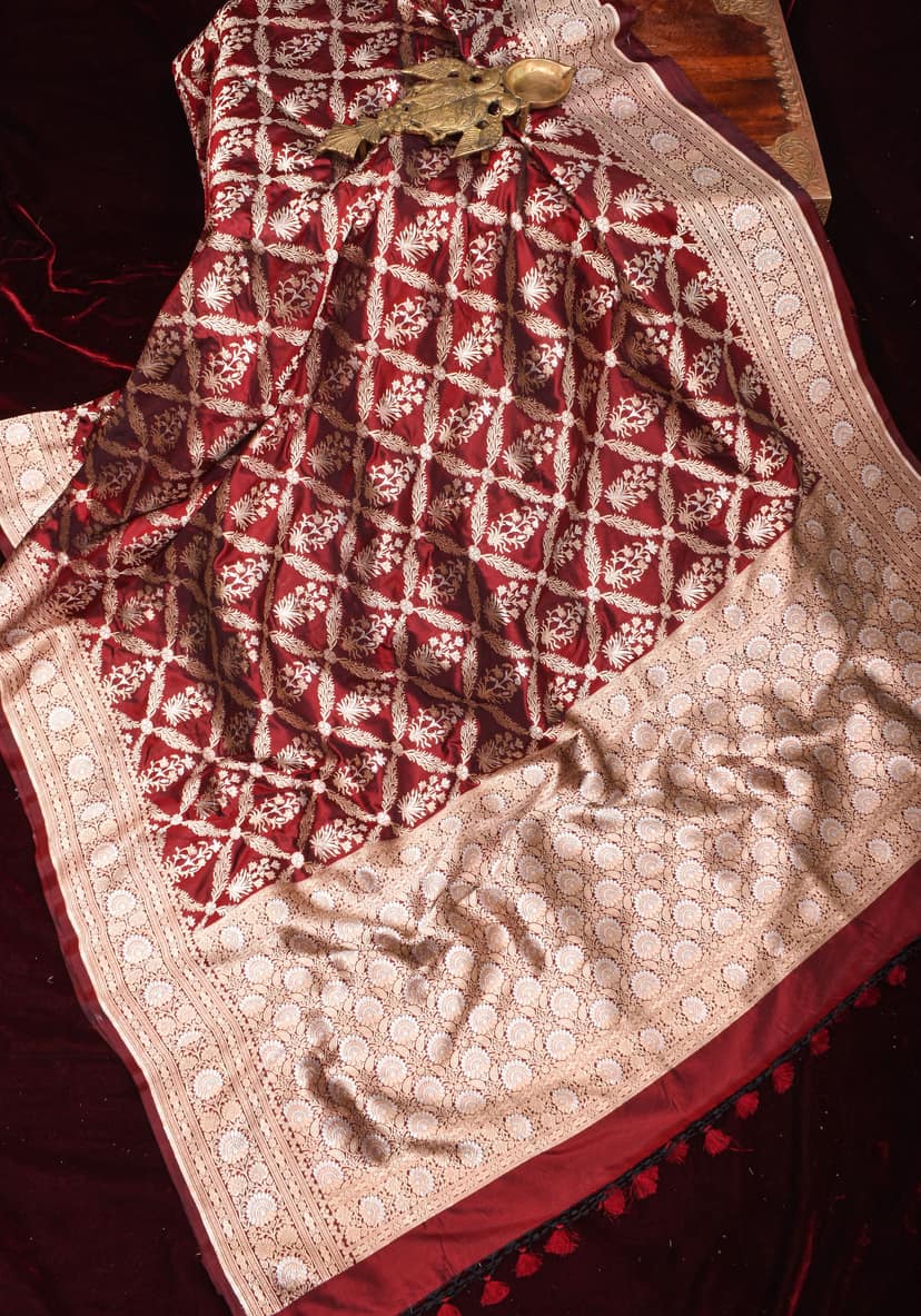Brown Exquisite Alfi Florals Jaal Katan Silk saree with Zari border | SILK MARK CERTIFIED